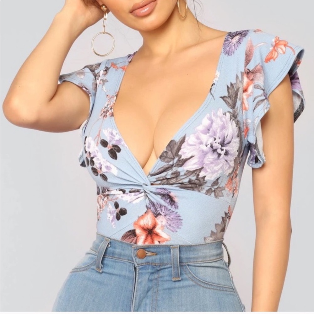 Fashion Nova light blue body suit ruffle sleeve